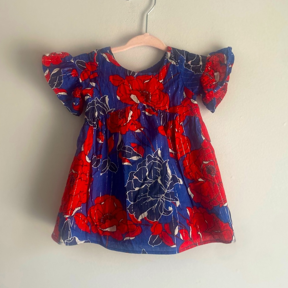 JANIE & JACK red & blue lurex floral flutter sleeve dress